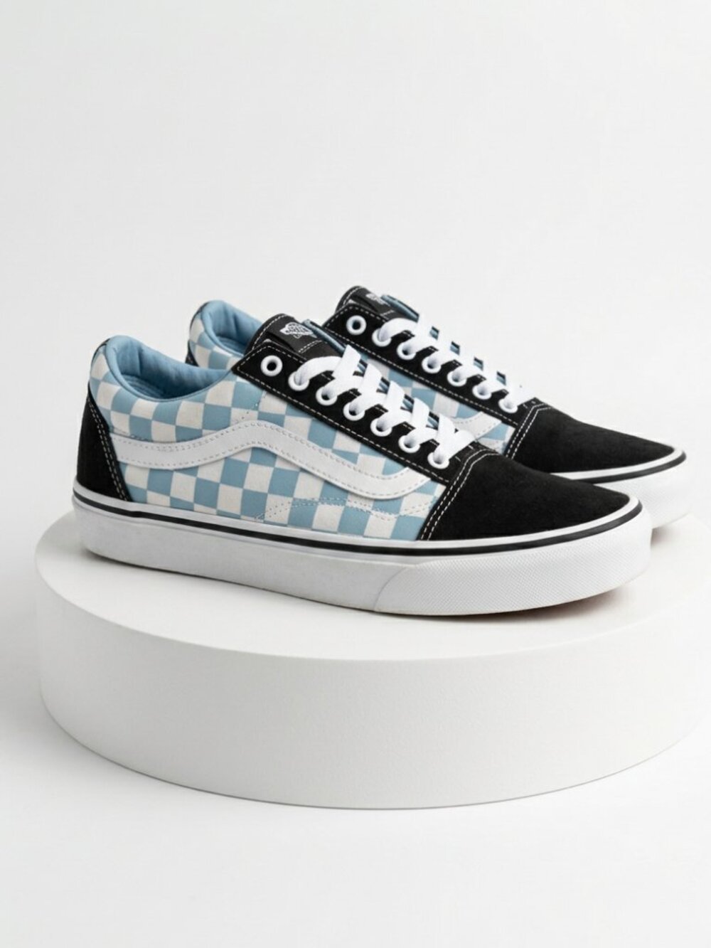 Vans Blue & White Checkerboard Low Top Sneakers with Black Trim - Size 9